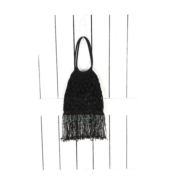 Vintage Rampage black beaded tassel fringe macramé slouchy handbag purse - Picture 1 of 5